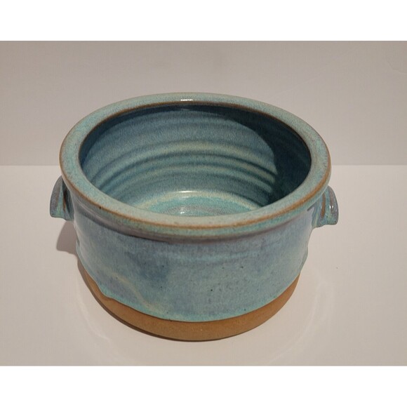 Handmade Studio Art Pottery Bowl with Handles Blue Swirl Glaze Artist Signed - Picture 1 of 9